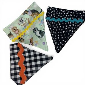 Handmade Dog Bandana Set of 3 Easter Dogs Buffalo Plaid Bone Print Rickrack Trim